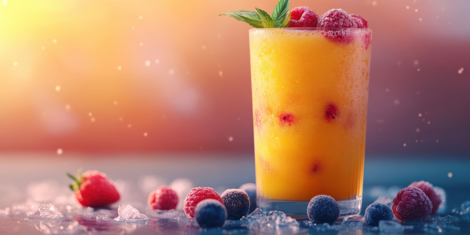 Refreshing summer fruit drink with raspberries and blueberries on a colorful background at sunset